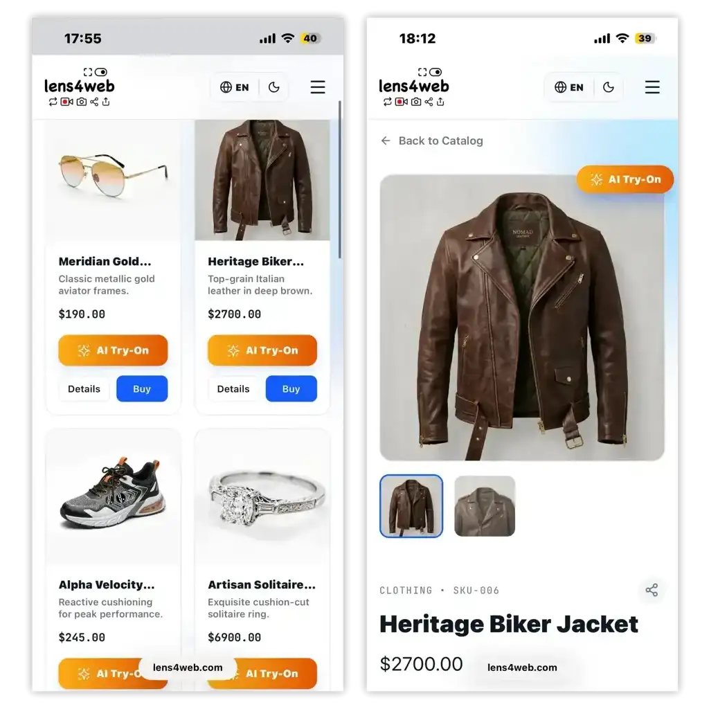 From a native catalog button to a photorealistic result in seconds. See how naturally our AI widget integrates into your customer's journey.