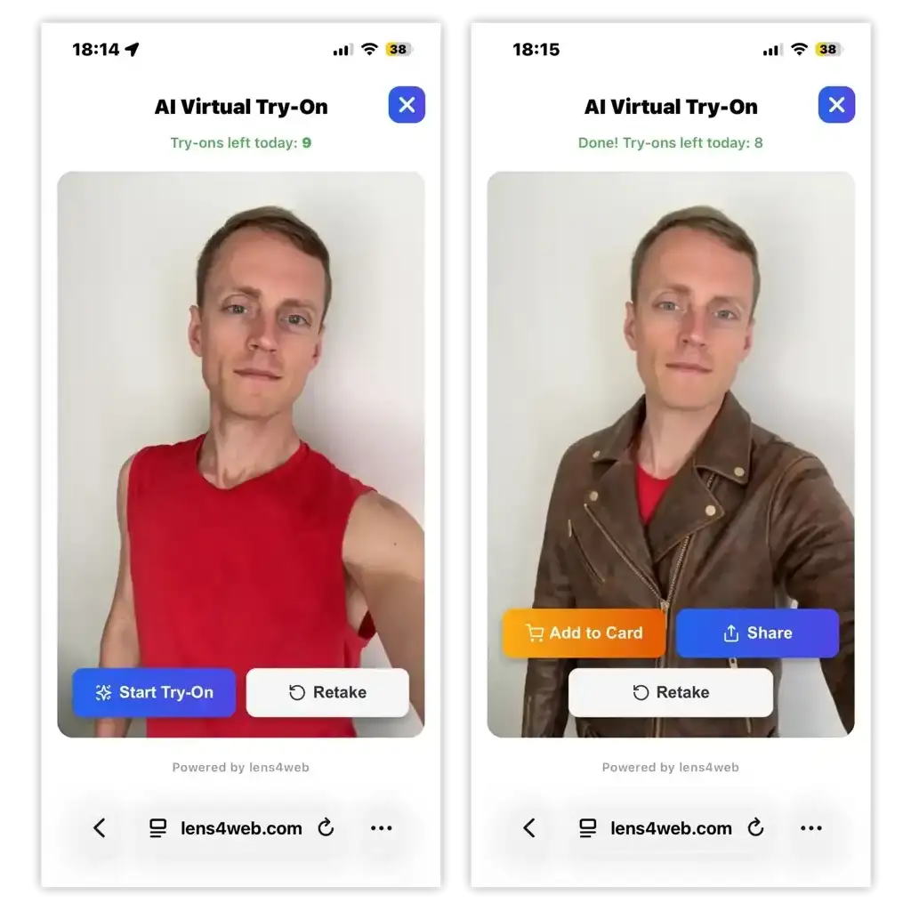 From a native catalog button to a photorealistic result in seconds. See how naturally our AI widget integrates into your customer's journey.